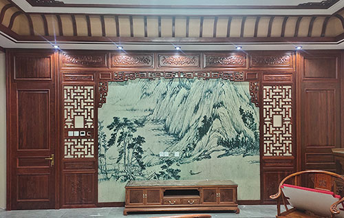宁夏中式仿古别墅客厅背景墙花格木作装饰